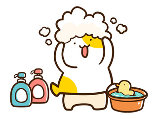 風呂場で頭を洗うかわいいねこのキャラクターの手書き風イラスト