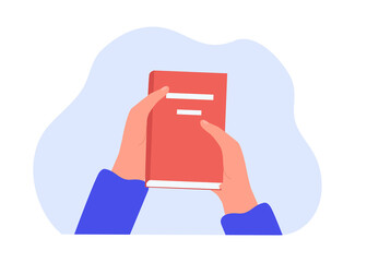 Hands of reader holding closed paper book for learning. Person reading literature from library, bookstore flat vector illustration. Knowledge concept for banner, website design or landing web page