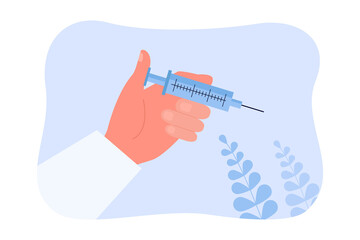 Doctors hand holding syringe to inject medicine to patient. Treatment, care and immunization of person flat vector illustration. Hospital concept for banner, website design or landing web page