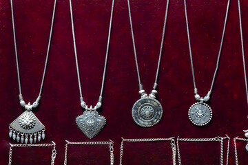 Fototapeta na wymiar Beautiful necklaces, handicrafts on display at Jaisalmer, Rajasthan, India.