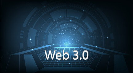 Web 3.0 text on dark blue technology background. Concept of upgrade new Technology.
