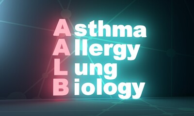 AALB - Asthma Allergy Lung Biology acronym. Neon shine text. 3D Render