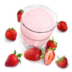 Glass of fresh strawberry milkshake or smoothie on white