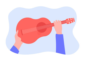 Musicians hands holding guitar. Person playing acoustic music on musical instrument flat vector illustration. Jazz concert or party, performance concept for banner, website design or landing web page