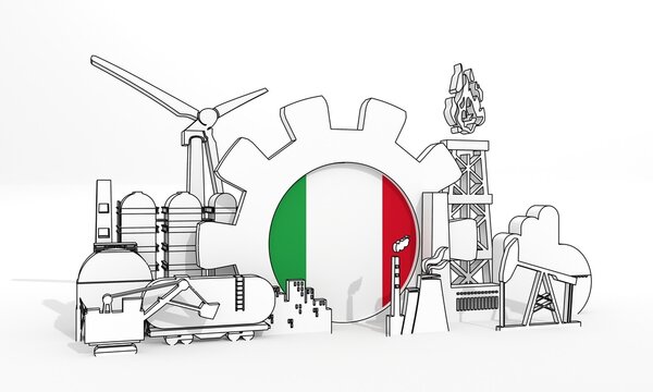 Energy and power industrial concept. Industrial icons and gear with flag of Italy. 3D Render