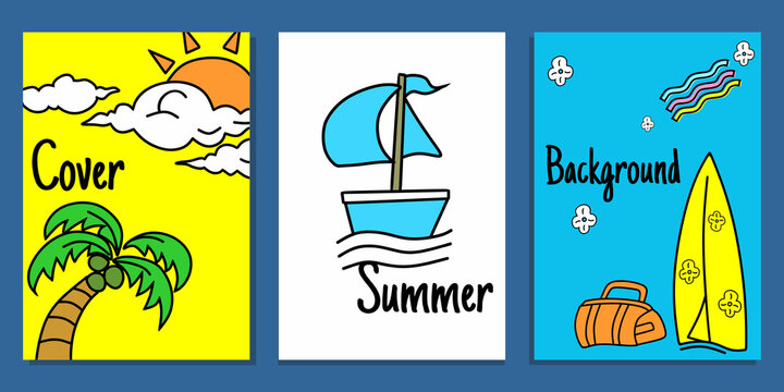 summer themed children's book cover set. cute cartoon design