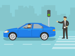 Angry male pedestrian yelling at car driver on crosswalk. Red light signal running car. Flat vector illustration template.