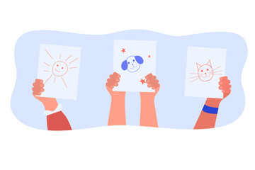 Hands of little artists holding up cute kids pencil drawings. Children learning to draw on paper flat vector illustration. Kindergarten, art concept for banner, website design or landing web page