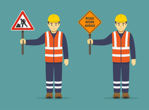 Isolated construction worker holding traffic or road sign. Road work ahead sign. Flat vector illustration template.