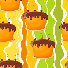 Holiday cooking seamless pattern. Cupcake, cake, sweet pastry, cupcake with colored icing and colorful details. Food concept. Realistic vector illustration, design for print, fabric, textile
