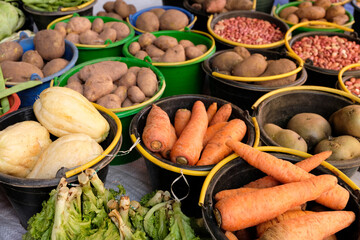 Buckets of fresh vegetable and bean produce, carrots, pototoes, red beans, at a local fruit and vegetable market in East Timor, Southeast Asia