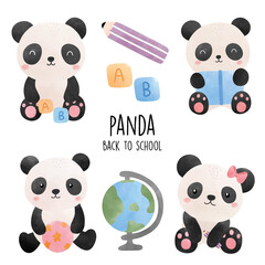 Panda back to school, cute panda vector illustration