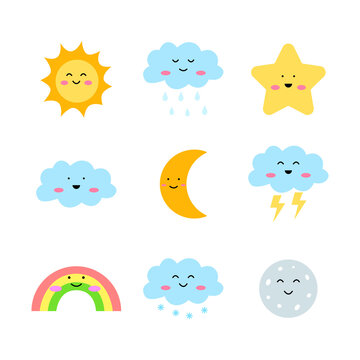 set of cute weather mascot illustration design. Emotional weather forecast. Cute sun, rainbow, stars and happy clouds.