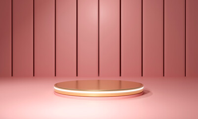 Premium pedestal or gold round pedestal on pink background. luxury minimal in Studio. Mockup for Product Presentation Brand design, cosmetics, empty pedestals, product banners. 3D render illustration