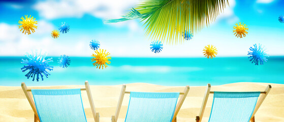 Pair of beach chairs with Coronavirus on vacation