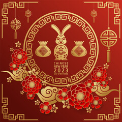 Happy chinese new year 2023 year of the rabbit zodiac with on color Background. (Translation : Happy new year)