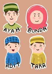 Set of Muslim Family Cartoon Characters Illustration with two boys.