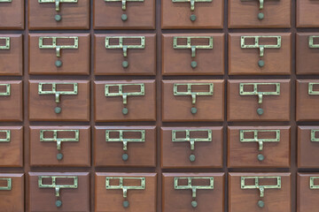 Wooden filing cabinet for document or cards and library accounting in past centuries