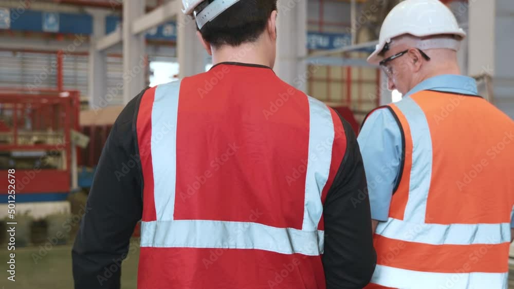 Poster back view shot. two worker man discussion while walking into metal sheet factory in protective workw