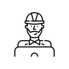 Young professional engineer or architect. Man in a hard hat working at a laptop. Pixel perfect, editable stroke icon