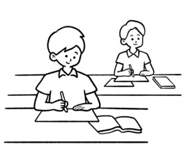 夏期講習を受ける中学生の線画イラスト