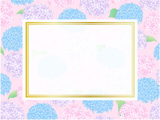 あじさいの背景③カラフル_金枠カード風_ピンク背景