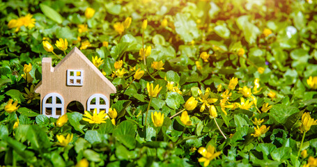 The symbol of the house stands among the yellow flowers
