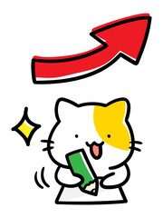 受験勉強で成績アップを目指すねこのキャラクターの手書き風イラスト