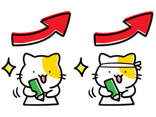 受験勉強で成績アップを目指すねこのキャラクターの手書き風イラストセット