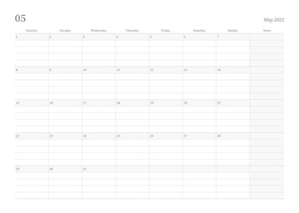 May 2022 simple design digital and printable calendar template illustration. Notes, scheduler, diary, calendar, memo, planner document template background. 