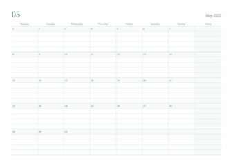 May 2022 simple design digital and printable calendar template illustration. Notes, scheduler, diary, calendar, memo, planner document template background. 