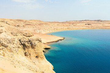 beautiful seaside with a sandy beach. Landscape with desert, blue sky and sea. Ras Mohamed National...