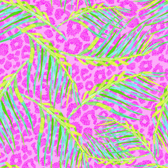 Pink leopard skin and palm leaves neon seamless pattern