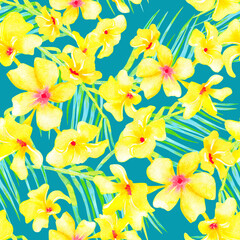 Bright yellow flowers tropical seamless pattern, floral summer watercolor print, plumeria flowers and palm branches