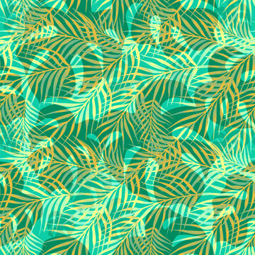 Tropical foliage seamless pattern, palm and monstera leaves on green background