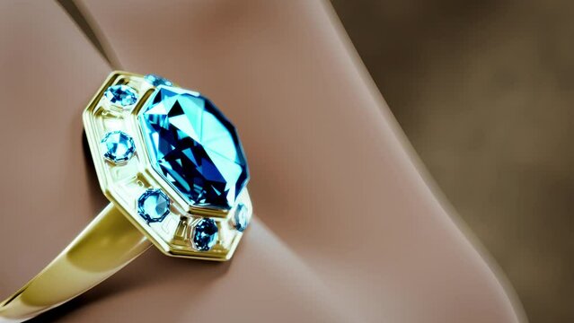 golden ring with blue topaz jewel on finger, fictive
