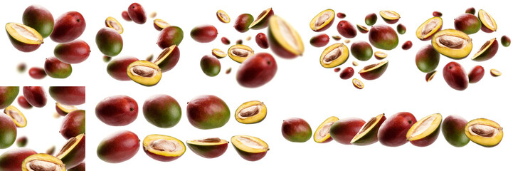 A set of photos. Mango whole and cut levitates on a white background