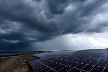 Solar panels farm under the sky. Blue solar panels. Background of photovoltaic modules for...