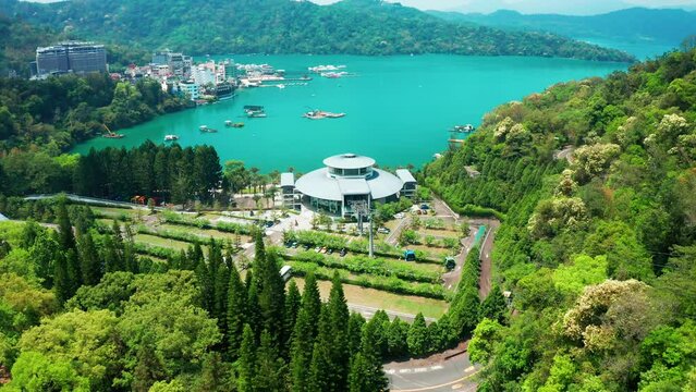 Aerial view Landscape of Sun Moon Lake and Cable Car in Nantou, Taiwan.
