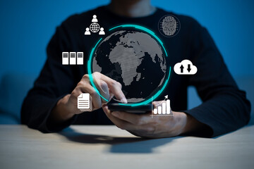 Businessman using smart phone to do online transactions with internet technology, concept of global data connection by internet technology, big data, searching for information, online marketing.