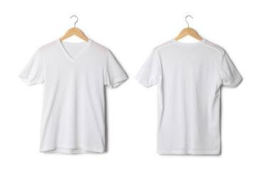 White T shirt mockup hanging isolated on white background with clipping path.