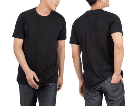 Young man in black T shirt mockup isolated on white background with clipping path.
