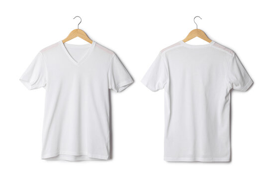 White T Shirt Mockup Hanging Isolated On White Background With Clipping Path.