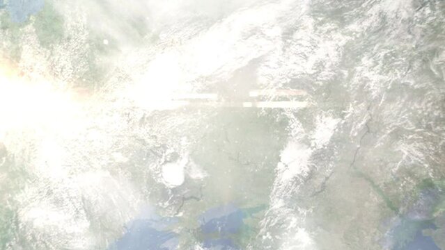 Earth zoom in from outer space to city. Zooming on Belgorod, Russia. The animation continues by zoom out through clouds and atmosphere into space. Images from NASA