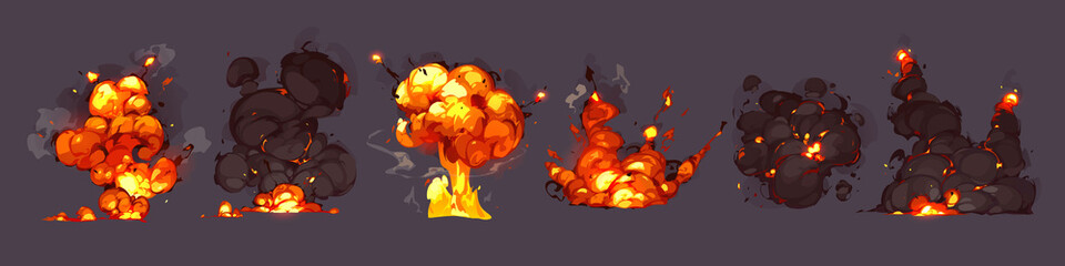 Bomb explosions, blasts with fire and black smoke clouds. Vector cartoon set of burst with flame and flash from dynamite, nuclear weapon or rocket hit isolated on background - obrazy, fototapety, plakaty