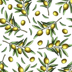 Seamless pattern of green olives with leaves