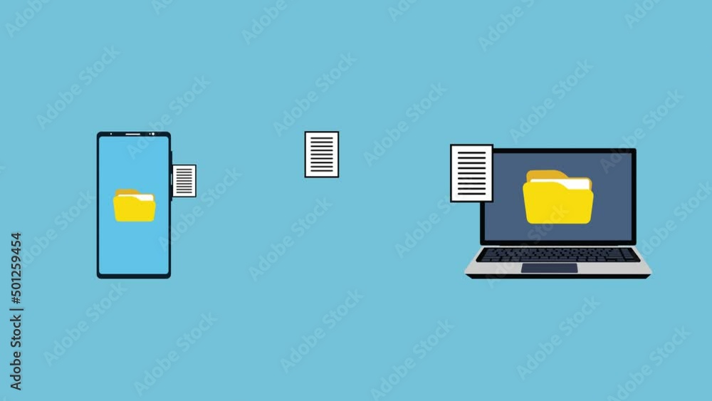 Poster data transferring from a mobile to a laptop 4k animation. digital data transformation system animati