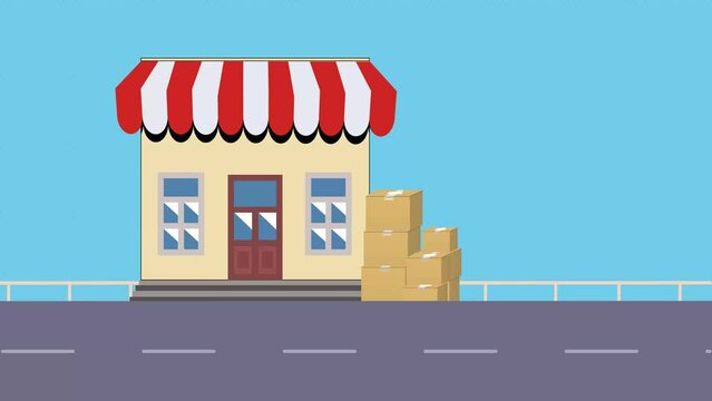 Delivery man taking a package from front of a shop 4K animation. Shipping method with a scooter and a delivery man 4K footage. Home delivery concept with a boy riding scooter animation.