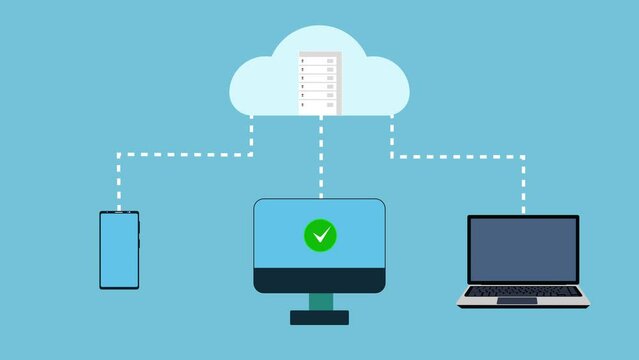 Getting information from cloud servers concept 4K animation. Cloud storage and server transferring information to a mobile, laptop, and a computer 4K footage. Animation of cloud servers sharing files.