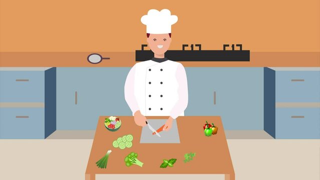4K animation of A chef cutting vegetables and making dishes. A cook cutting a carrot in the kitchen and making salad 4K footage. Animation of a chef preparing salad and cutting vegetables.